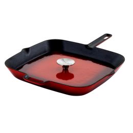 MegaChef 11 Inch Square Enamel Cast Iron Grill Pan with Matching Grill Press in Red with Press