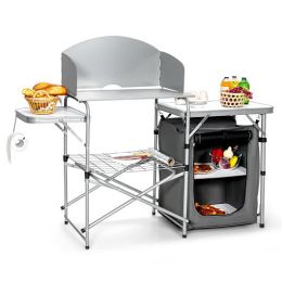 Foldable Outdoor BBQ Portable Grilling Table With Windscreen Bag-Gray - Color: Gray