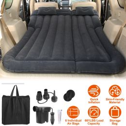 Inflatable SUV Air Mattress Thickened Camping Bed Cushion with Pillow Air Pump Storage Bag PVC Flocked Car Bed for Home Car Travel Camping (Color: Black)